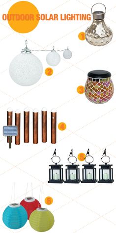 various types of solar lights are shown in this graphic style, with different colors and shapes