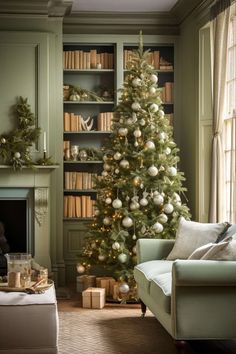 a living room with a christmas tree in the corner and bookshelves behind it