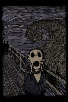 a skeleton with its mouth open standing in front of a starry night sky and the scream