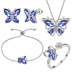 PRICES MAY VARY. ♥Butterfly Jewelry Design♥:The butterfly jewelry design features the love of flying with each other, and staying with your partner for a lifetime. Wearing a butterfly jewelry set expresses the yearning for freedom and also entrusts the hope for the future. ♥Material♥:Comes in genuine Hypoallergenic 925 sterling silver and AAA+ Cubic Zirconia,tarnish-resistant then can't be faded in a long time.Nickel free,lead free,cadmium free,safe for sensitive skin. ♥Butterfly Jewelry Set Siz Butterfly Jewelry Set, Silver Butterflies, Lovers Necklace, Butterfly Pendant Necklace, Butterfly Jewelry, Jewelry Images, Birthstone Pendant, Chic Jewelry, Earrings Rings