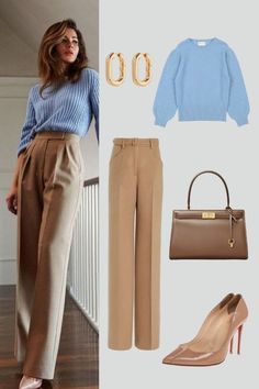 Brown Trouser Work Outfit, Cozy Wide Leg Pants Outfit, Beige Trousers Outfit Work, Beige Ankle Pants Outfit, Sky Blue Heels Outfit, Sky Blue And Brown Outfit, Beige Trousers Winter Outfit, Work Outfits Women Formal, Sky Blue Trouser Outfit Women