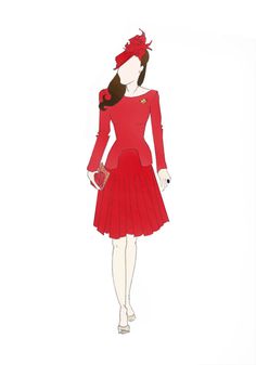 a drawing of a woman in a red dress holding a purse and looking back at the camera