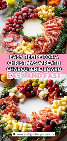 a christmas wreath made out of cheese, meats and fruit on a cutting board