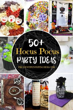 there are many different items on the table and in the background is a sign that says 50 hocus pocus party ideas