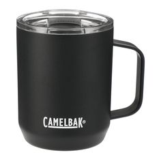 the camelbak coffee mug is black and has a clear lid