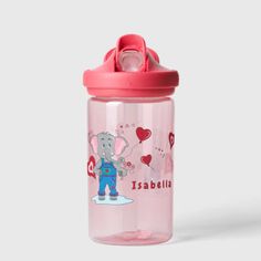 a pink sippy cup with an elephant on the side and hearts in the background