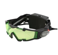 a pair of safety goggles with green lens and black headband on white background