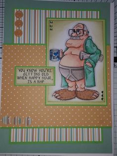 a card with an older man holding a cup