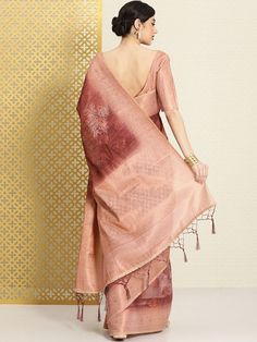 Brown and pink sareeEthnic motifs woven design saree with woven design border Has zari detailThe saree comes with an unstitched blouse pieceThe blouse worn by the model might be for modelling purpose only. Check the image of the blouse piece to understand how the actual blouse piece looks like. Transitional Season Unstitched Saree, Handloom Semi-stitched Pre-draped Saree For Eid, Semi-stitched Handloom Pre-draped Saree For Eid, Eid Semi-stitched Pre-draped Saree With Zari Weaving, Pink Zari Weaving Saree For Eid, Transitional Pre-draped Saree With Zari Weaving, Eid Saree With Zari Weaving In Slub Silk, Eid Zari Weaving Pre-draped Saree, Eid Slub Silk Saree With Zari Weaving