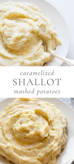 two plates with mashed potatoes on them and the words caramelized shallot