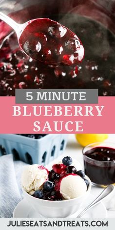 blueberry sauce in a white bowl with spoon