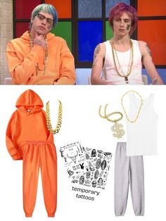 two people in matching outfits on the set of tv show, one wearing an orange hoodie