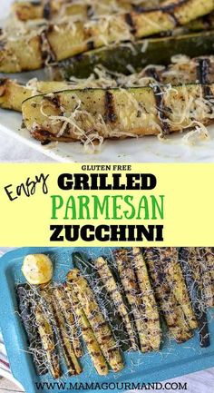 grilled parmesan zucchini on a blue plate with text overlay