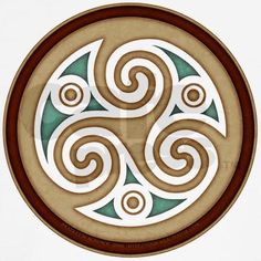 a circular design with swirls in brown and teal colors on a white background