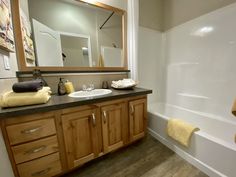 a bath room with a sink a mirror and a bath tub in it's corner