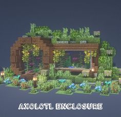 an image of a building with plants growing out of it and the words axolot enclosure above it