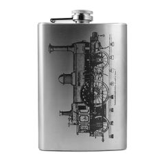 a stainless steel flask with an image of a steam engine