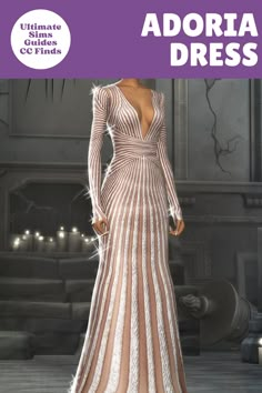 a woman in a long dress standing next to a fireplace with the words adora dress on