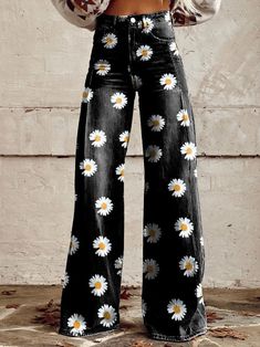 Women's Vintage Flower Daisy Print Casual Wide Leg Pants Funky Pants Outfits, Pant Trousers Women, Vintage Daisy, Kleidung Diy, Casual Wide Leg Pants, Outfit Jeans, Striped Jeans, Fall Fits, Pants Casual