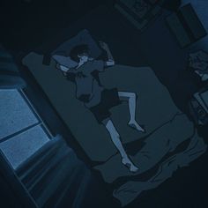 an animated image of a person laying on a bed in the dark with his arm up