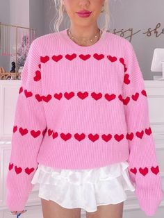 Hearts for You Sweater | sassyshortcake.com | Sassy Shortcake Valentines Day Sweater, Pull Rose, Neck Embroidery, Heart Sweater, Casual Sweater, Loose Sweater, Valentine Day Love, Cute Sweaters, Casual Sweaters