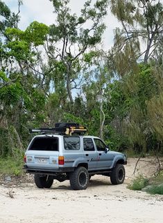 a truck parked on the side of a dirt road in front of trees and bushes