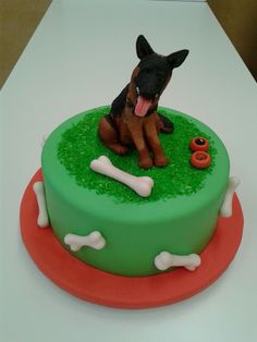 a dog is sitting on top of a green cake with white and red icing