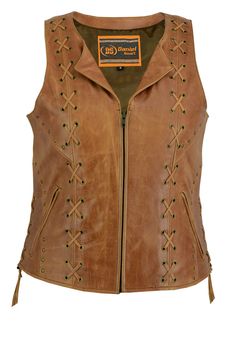 DS236 Women's Brown / Tan Zippered SXY Vest with Lacing Details and Bronze Grommets This is a fabulous brown tone on tone leather lace ultra soft leather vest that is both stylish and inspiring while providing the durability you need on a long ride and a sexy look at the rally. This studded back ladies leather vest with side laces will hold your club logos and patches. But it does include everything you need when you hit the open road, or attend your favorite rally. This vest features one inside Studded Leather Vest, Zipper Vest, Leather Store, Motorcycle Vest, Lace Pocket, Brown Vest, Brown Cowhide, Biker Shirts, Lace Vest