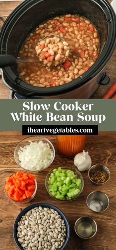 slow cooker white bean soup with carrots, celery and onions in bowls