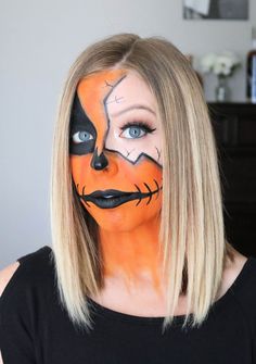 Half Face Makeup, Pumpkin Makeup, Halloween Jackolantern, Lantern Pumpkins, Halloween Make-up Looks, Scarecrow Halloween, Cinnamon Hair, Cute Eyeshadow Looks, Halloween Tutorial