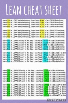 a poster with the words lean cheat sheet written in white and green on purple background