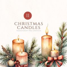 watercolor christmas candles with pine branches and bows