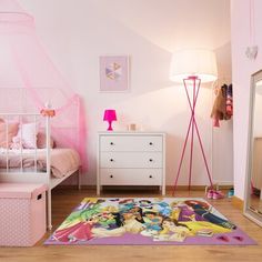 a bedroom with pink walls and white furniture