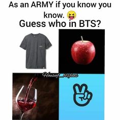 an apple, wine glass and other items with the words guess who in bts?