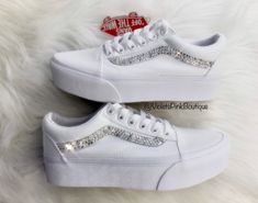 Bling Vans Swarovski Crystals Women's Vans Old Skool Platform White sneakers ** Choose Bling on 2 or all 4 stripes These are one of a kind beautiful custom made sneakers, Nike Air Max 270, embellished with authentic Swarovski Diamond elements, The most expensive Swarovski® crystals in the world, imported from Austria. Shoes are purchased from an authorize Nike retailer new in the box with tags. Hand customized by a certified Swarovski® artist. Shoes arrive beautifully packaged in original box. Y Vans Old Skool Platform White, Custom White Vans, Customized Nikes, Tenis Air, Bedazzled Shoes Diy, Vans Tennis Shoes, Quinceanera Shoes, Quinceanera Themes Dresses, Custom Wedding Shoes