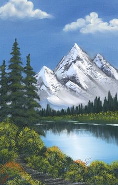 a painting of a mountain lake and trees