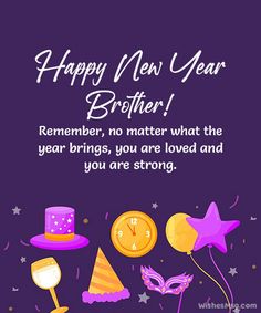 happy new year greeting card for brother with balloons, masks and confetti on purple background