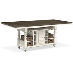 a white and brown table with baskets on it's bottom shelf next to an open bookcase