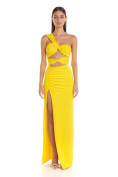 Natalie Maxi Dress - Yellow – JAUS Crystal Hardware, Yellow Maxi Dress, Yellow Maxi, One Shoulder Midi Dress, Elegant Maxi Dress, Statement Dress, Cut Out Design, Long Dresses, Fashion Labels