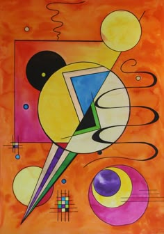 an abstract painting with circles, shapes and lines on orange background by artist susan grisby