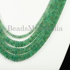 "\"Measurements From 3.5-5.5mm (Approx.) Drilled Size - .40mm Stone - Emerald Style - Rondelle Strand Measurement - 56cm Weight- 416.30ct\"" Elegant 8mm Round Beads For Gems And Cabochons, Elegant 8mm Round Beads For Jewelry Making, Elegant Round Spacer Beads, Faceted Round Beads Gemstones For Jewelry Making, Emerald Faceted Beaded Necklaces, Polished Emerald Beaded Necklaces, Emerald Beaded Necklace With Round Gemstone Beads, Round Gemstone Beads For Jewelry Making, Emerald Necklace With Round Gemstone Beads