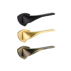 three different styles of door handles in gold, black and silver colors on a white background