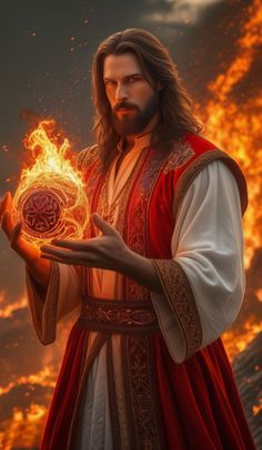 jesus holding the fire ball in his hands