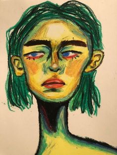 a drawing of a woman with green hair