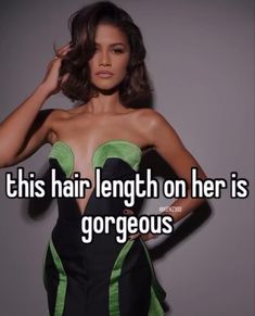 a woman in a green and black dress with the words this hair length on her is gorgeous