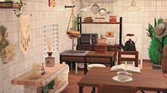 a room filled with lots of wooden furniture and plants on the wall above it is a small dining table