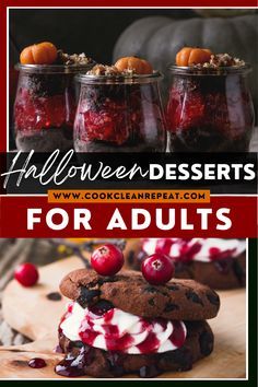 an advertisement for halloween desserts with cookies and cranberry sauce in mason jars