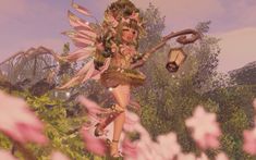 a woman dressed as a fairy holding a lantern in her hand and walking through flowers