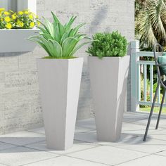 two white planters with green plants in them