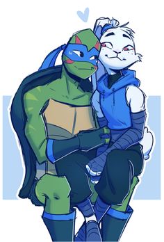 a drawing of a cat hugging a teenaged tortoise with his arm around him